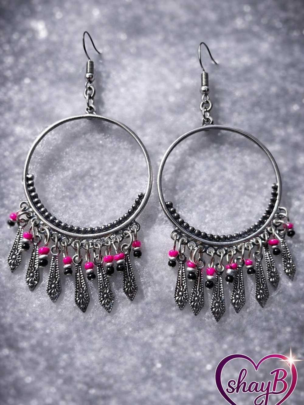 Silver Hoop Earrings with Pink Accent Beads